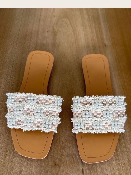 Gorglitter Shoes - White Pink Chenille Ribbon Beaded Tweed Tan Soles Sandals Slides